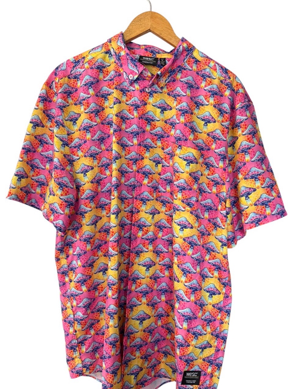 WESC Pink, Yellow & Blue Short-Sleeve Button-Down with Mushroom Print